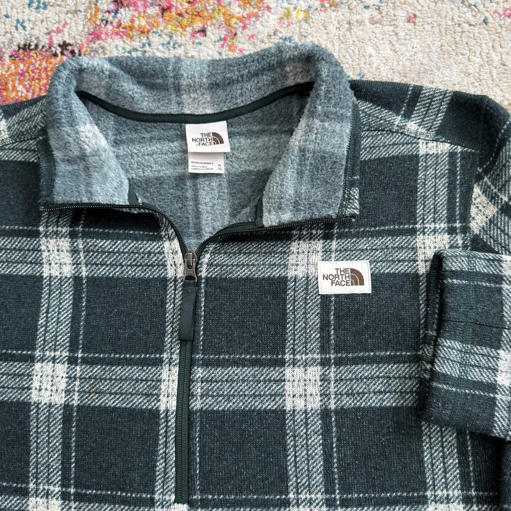 North Face Quarter Zip Plaid Fleece Pullover Sweater Forest Green  Size XL